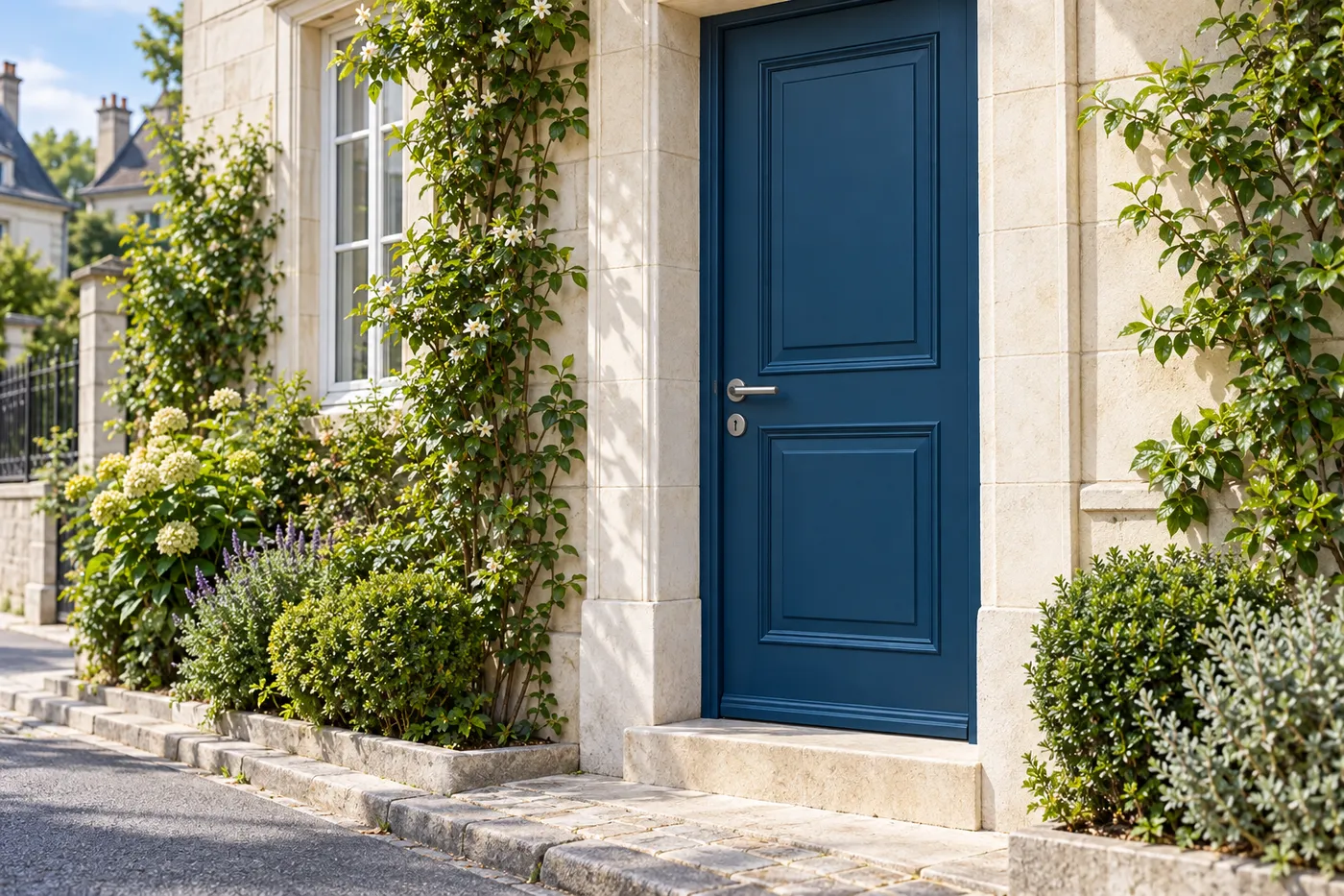 Porte d'entrée bleue fraîchement posée sur une maison en pierre claire