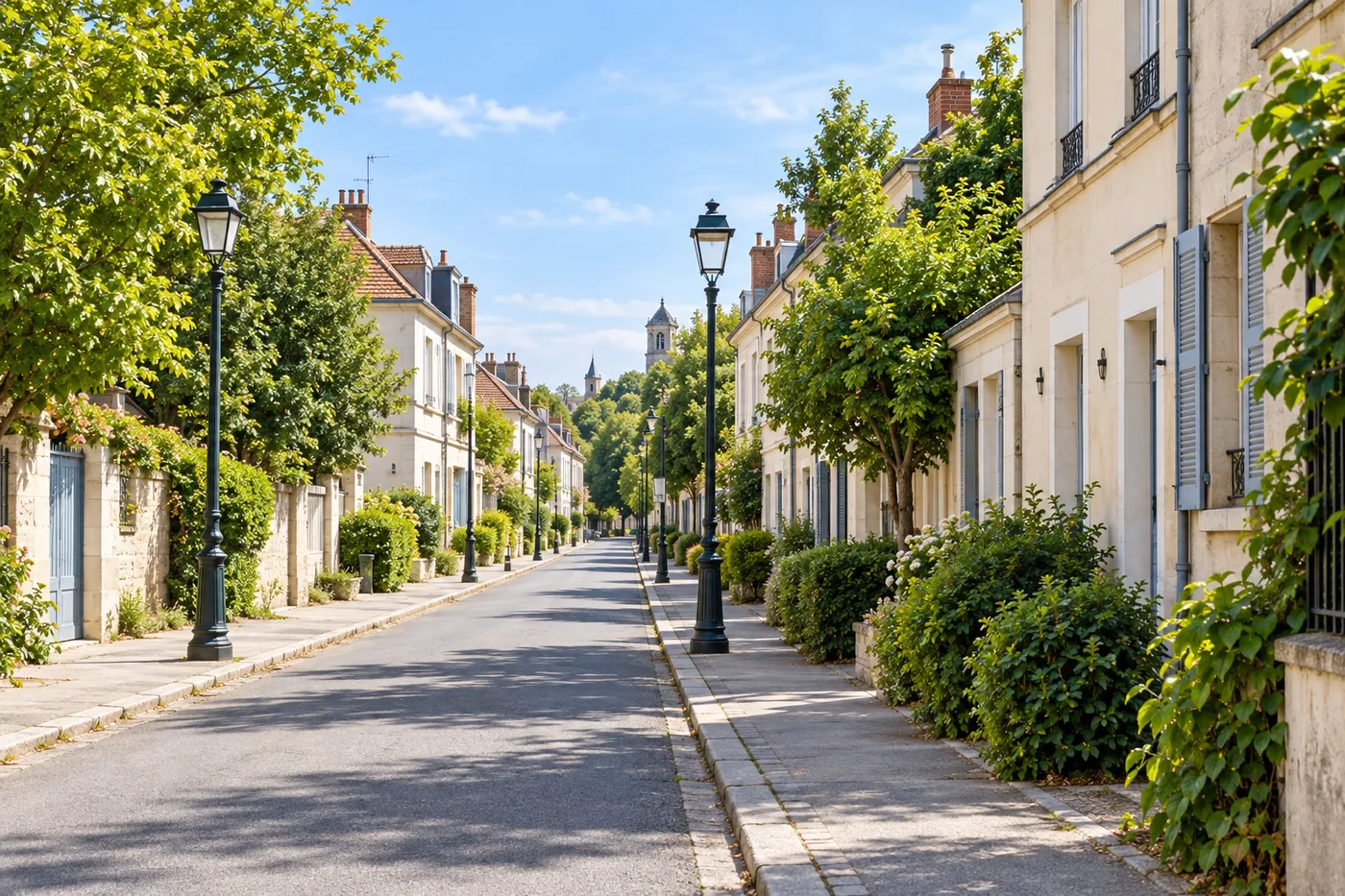 Rue résidentielle bordée de maisons en pierre claire et de réverbères